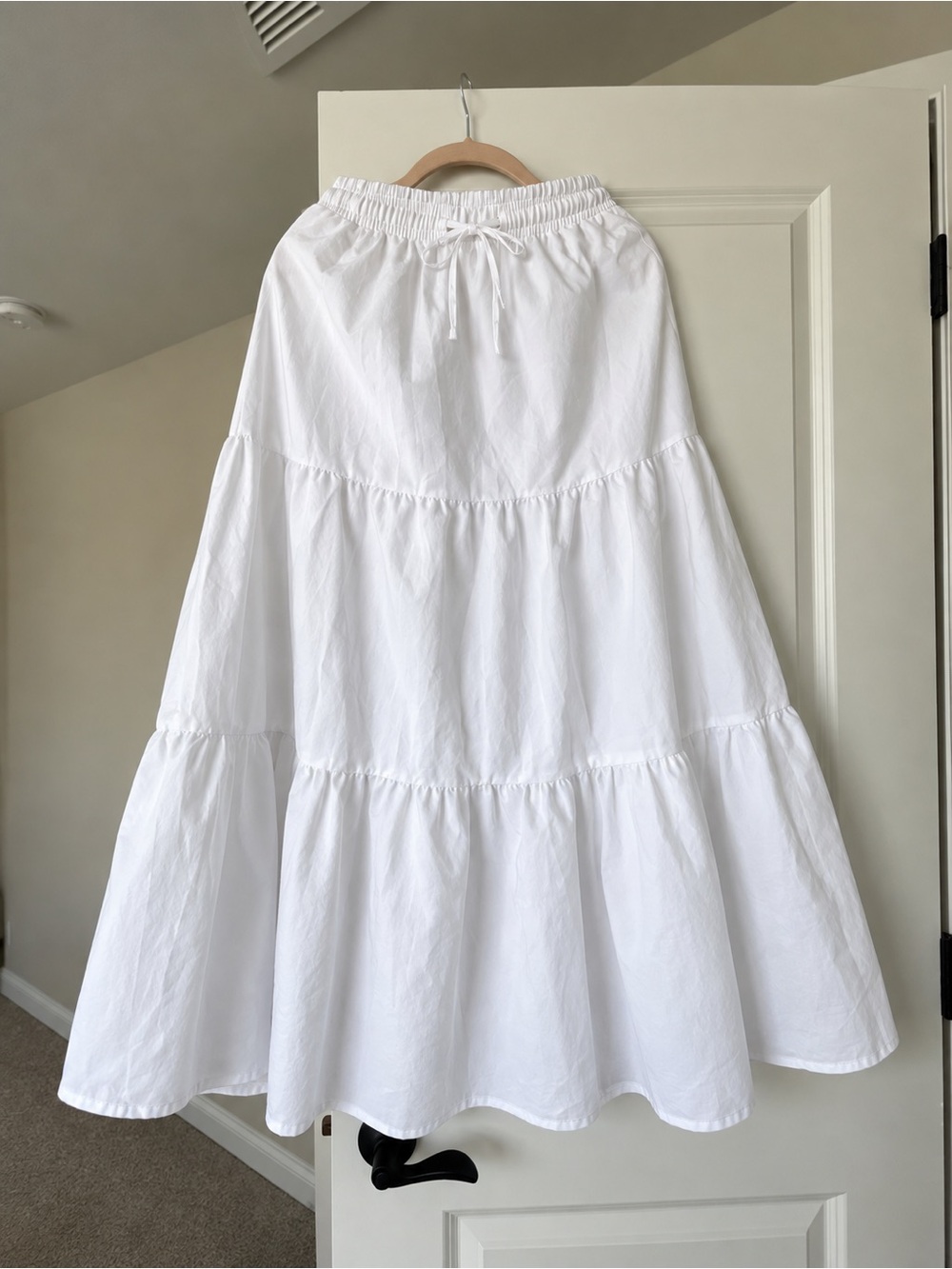 White A-Line Tiered Maxi Skirt with Drawstring Waist